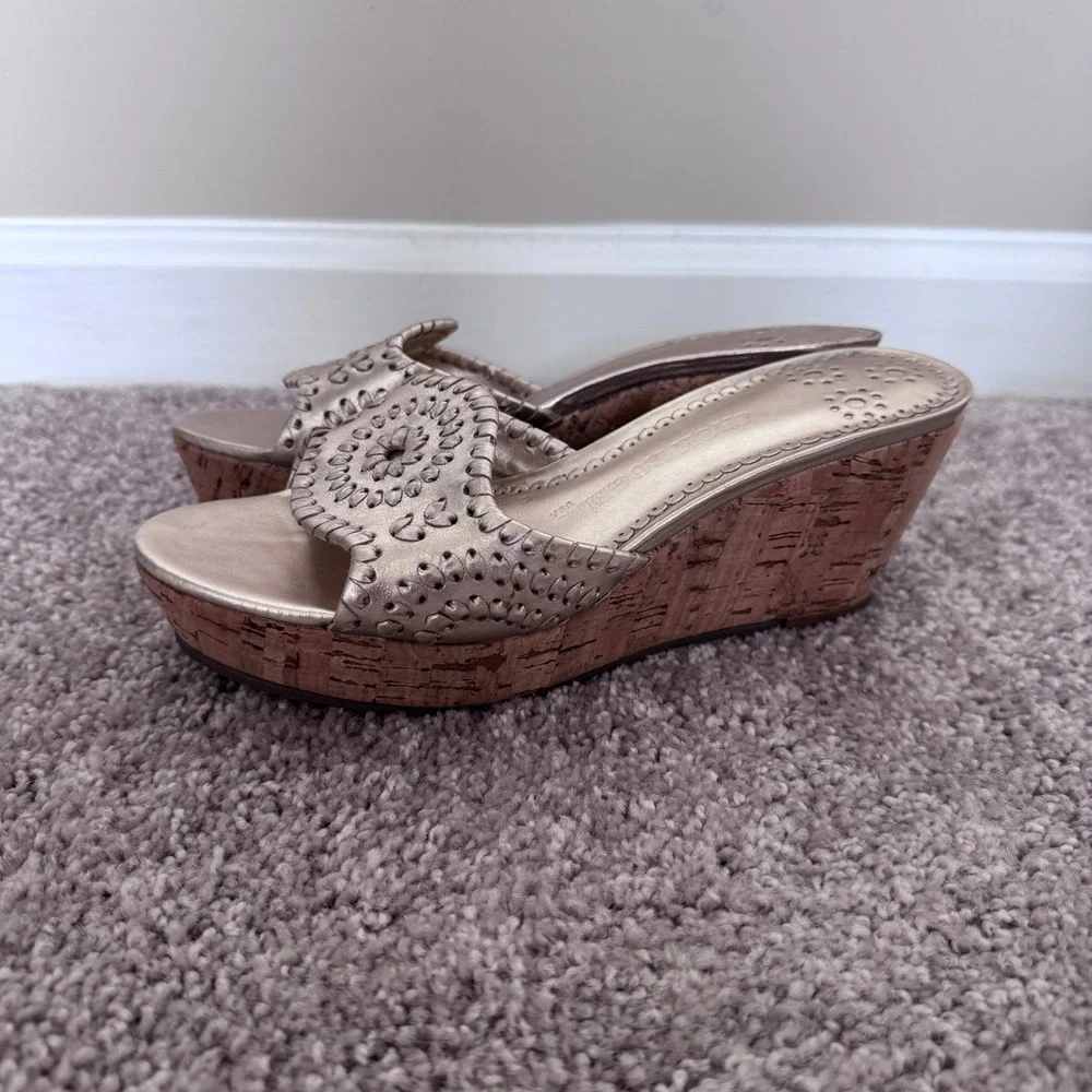 Jack Rogers Gold Leather Whipstitch Cork Wedge Sandals Womens 6.5 Platform Slide